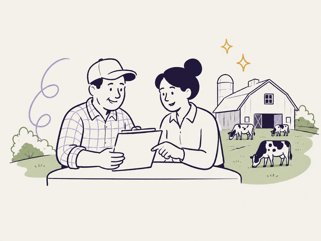 A farm professional and a dairy farmer reviewing numbers together, with cows grazing in the background.