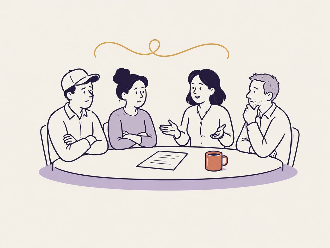 Four people at a table working through a hard conversation together.