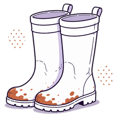 Illustration of muddy rubber boots, representing practice in the field.