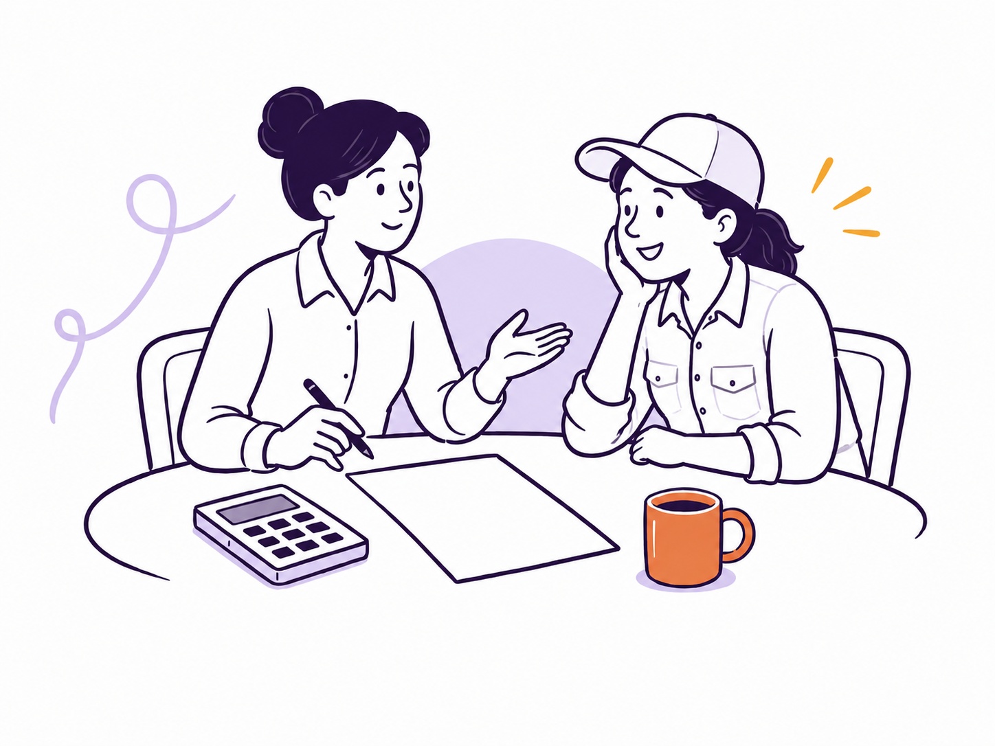A farm professional and a farm client sharing a confident, upbeat conversation over coffee.