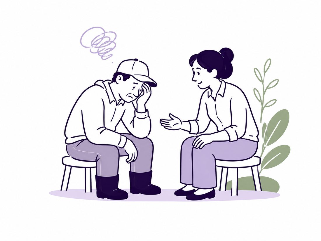 A farm professional gently drawing out a client who has gone quiet, sitting together outdoors.